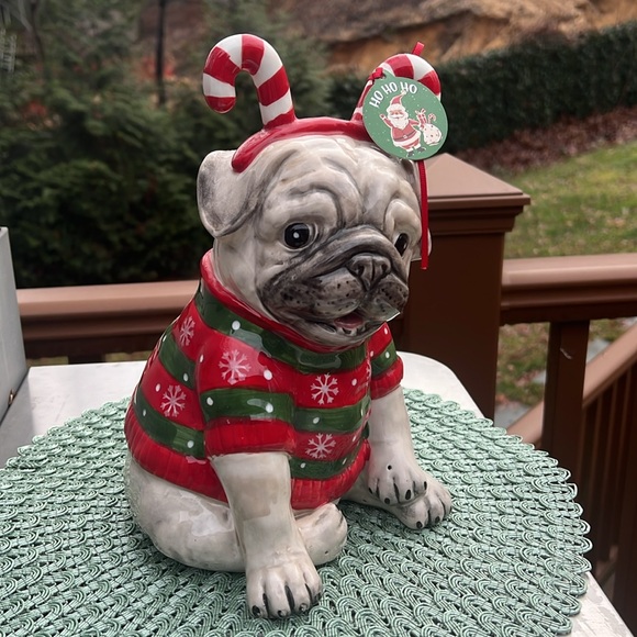 NWT Blue Sky Clayworks Christmas Pug wearing sweater & Candy-cane antlers. - Picture 3 of 8